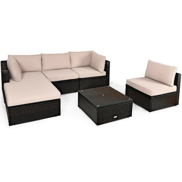 6 Pieces Outdoor Patio Rattan Furniture Set Sofa Ottoman