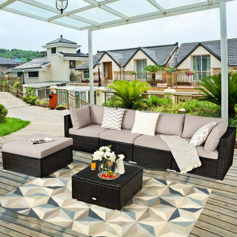 6 Pieces Outdoor Patio Rattan Furniture Set Sofa Ottoman