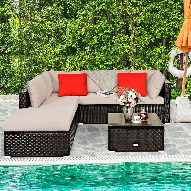 6 Pieces Outdoor Patio Rattan Furniture Set Sofa Ottoman