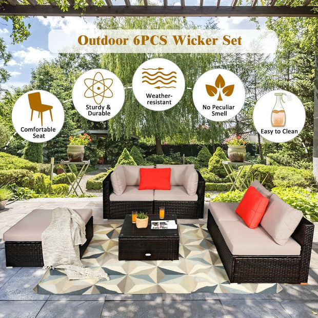 6 Pieces Outdoor Patio Rattan Furniture Set Sofa Ottoman