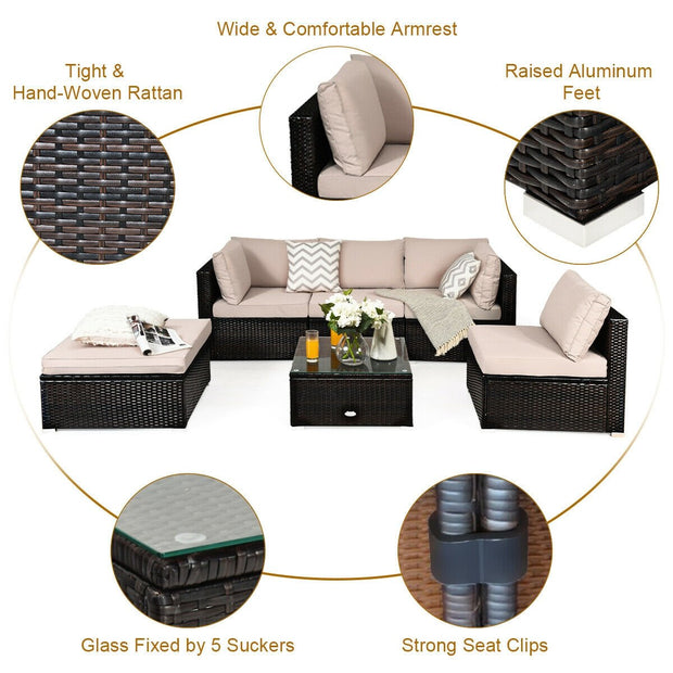 6 Pieces Outdoor Patio Rattan Furniture Set Sofa Ottoman