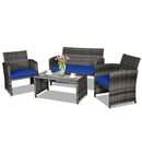 4 Pieces Patio Rattan Furniture Set with Glass Table and Loveseat-Navy