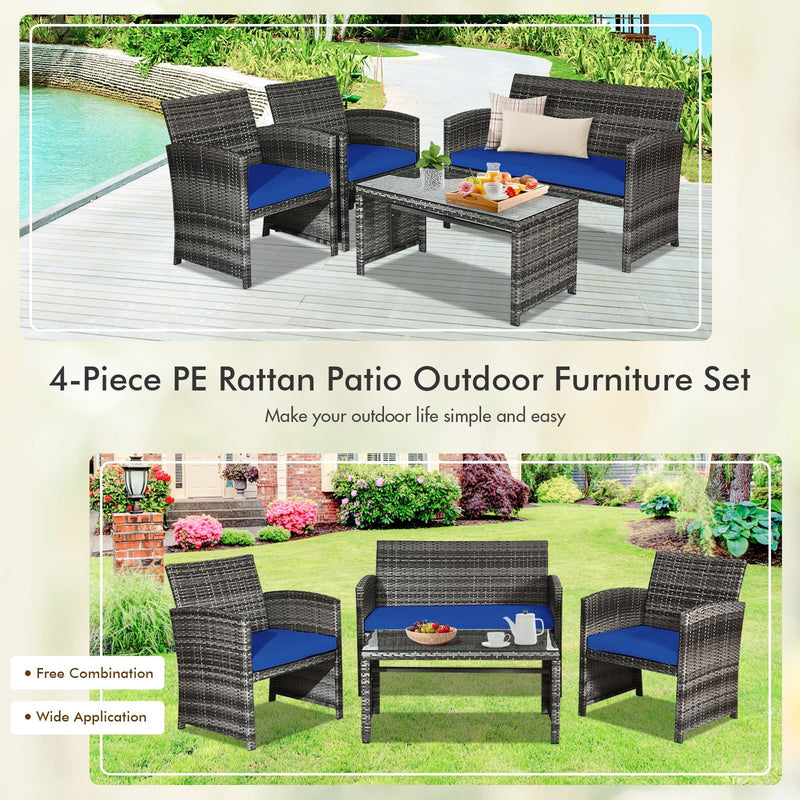 4 Pieces Patio Rattan Furniture Set with Glass Table and Loveseat-Navy