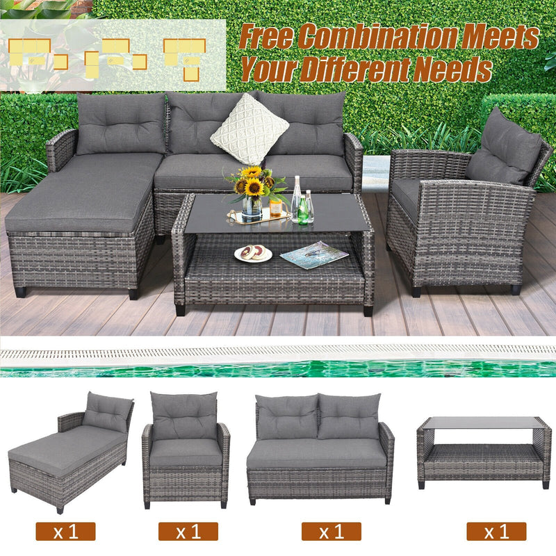 4 Pieces Patio Rattan Furniture Set with Cushion and Table Shelf-Gray