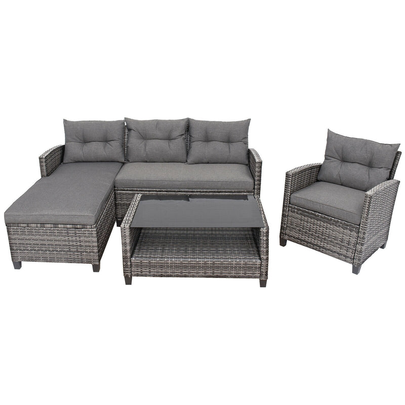 4 Pieces Patio Rattan Furniture Set with Cushion and Table Shelf-Gray