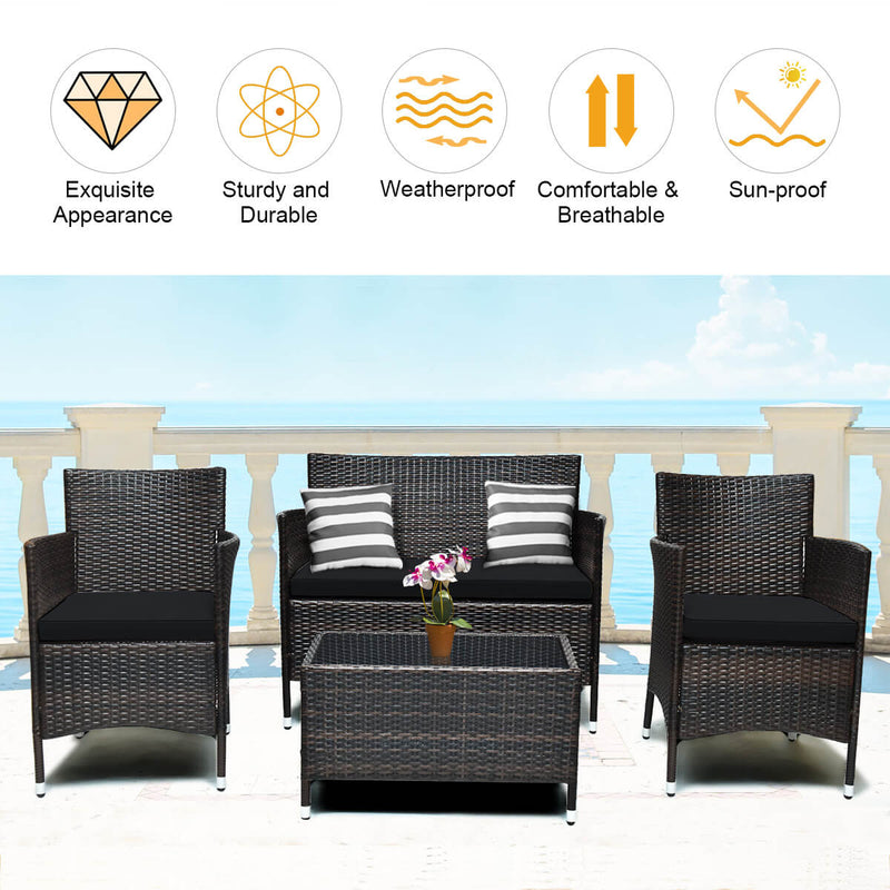4 Pieces Rattan Sofa Set with Glass Table and Comfortable Wicker for Outdoor Patio-Black