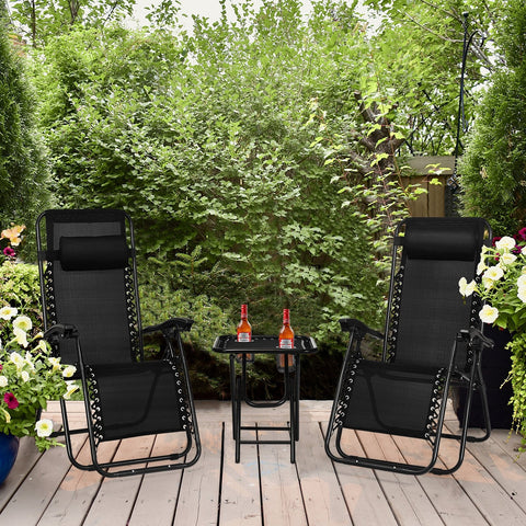 3 Pieces Folding Portable Zero Gravity Reclining Lounge Chairs Table Set-Black