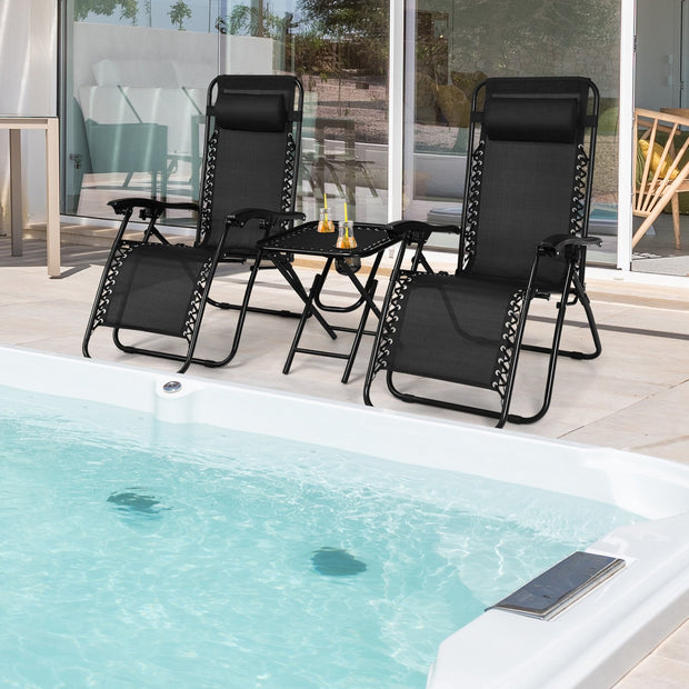 3 Pieces Folding Portable Zero Gravity Reclining Lounge Chairs Table Set-Black