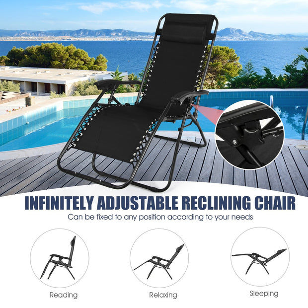 3 Pieces Folding Portable Zero Gravity Reclining Lounge Chairs Table Set-Black