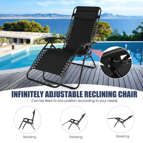 3 Pieces Folding Portable Zero Gravity Reclining Lounge Chairs Table Set-Black