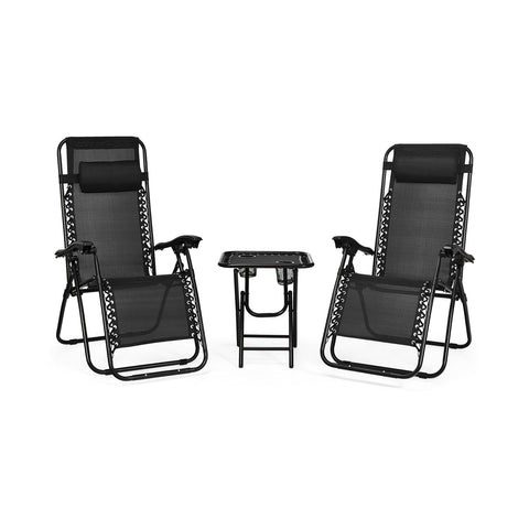 3 Pieces Folding Portable Zero Gravity Reclining Lounge Chairs Table Set-Black