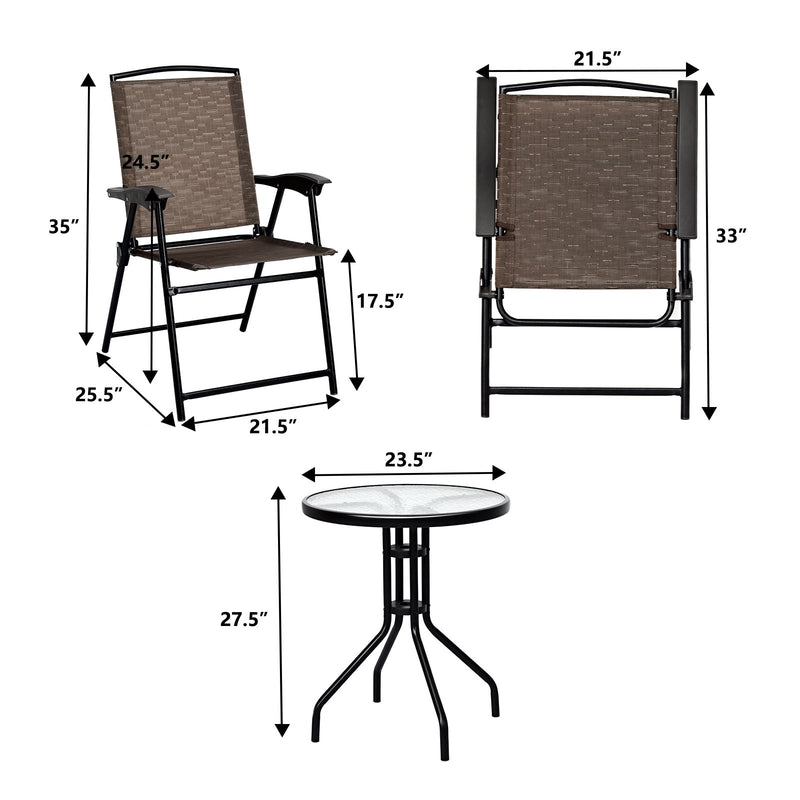 3 Pieces Bistro Patio Garden Furniture Set of Round Table and Folding Chairs