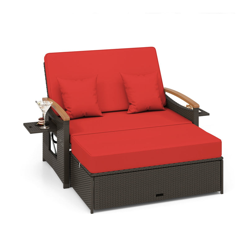 Outdoor Wicker Daybed with Folding Panels and Storage Ottoman-Red
