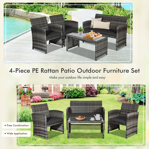 4 Pieces Patio Rattan Furniture Set with Glass Table and Loveseat-Black