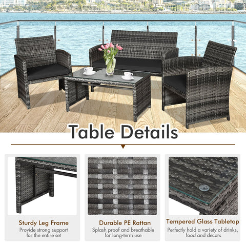 4 Pieces Patio Rattan Furniture Set with Glass Table and Loveseat-Black