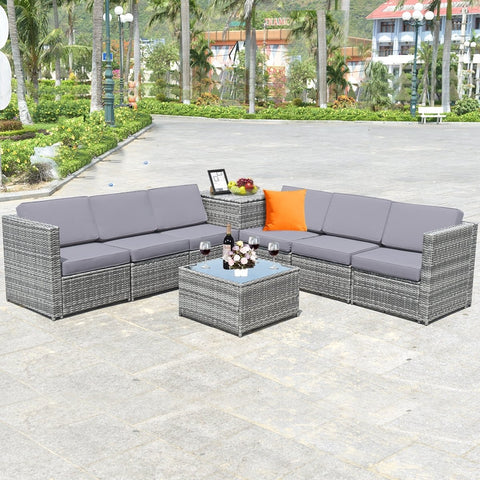 8 Pieces Wicker Sofa Rattan Dining Set Patio Furniture with Storage Table-Gray