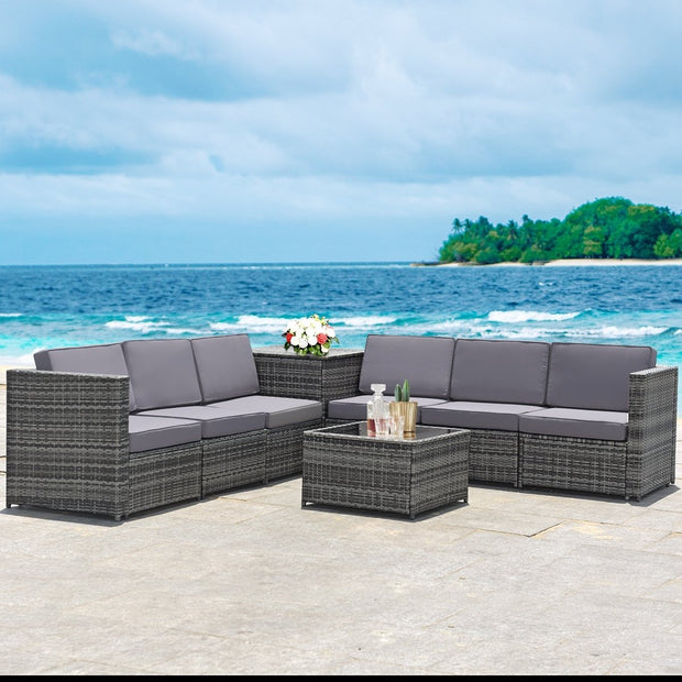 8 Pieces Wicker Sofa Rattan Dining Set Patio Furniture with Storage Table-Gray