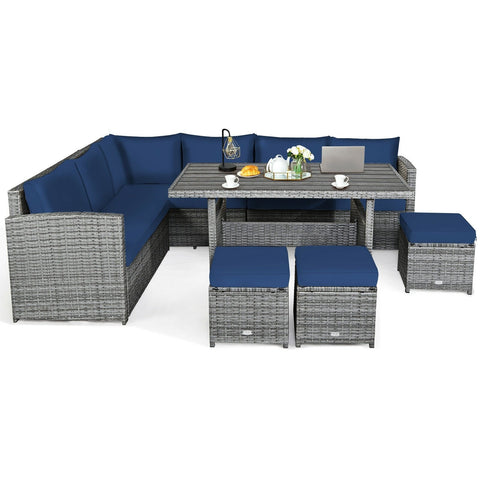 7 Pieces Patio Rattan Dining Furniture Sectional Sofa Set with Wicker Ottoman-Navy