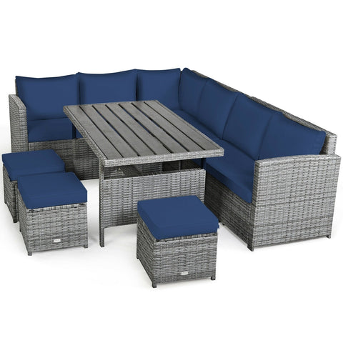 7 Pieces Patio Rattan Dining Furniture Sectional Sofa Set with Wicker Ottoman-Navy