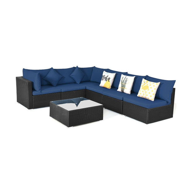 7 Pieces Outdoor Wicker Patio Sofa Set with 2 Pillows and Cushions-Navy