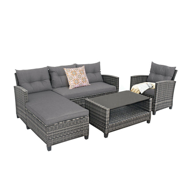 4 Pieces Patio Rattan Furniture Set with Cushion and Table Shelf-Gray