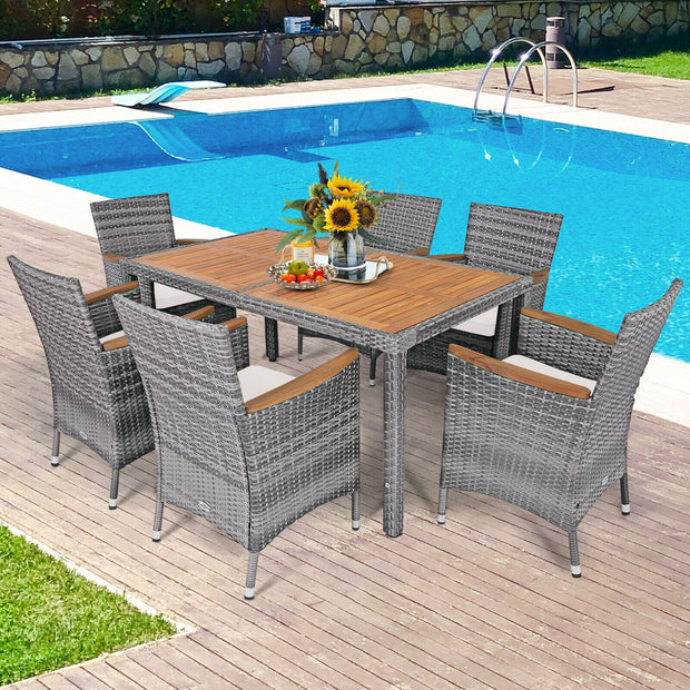 7 Pieces Patio Acacia Wood Cushioned Rattan Dining Set