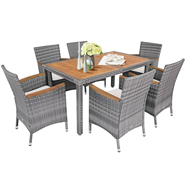 7 Pieces Patio Acacia Wood Cushioned Rattan Dining Set