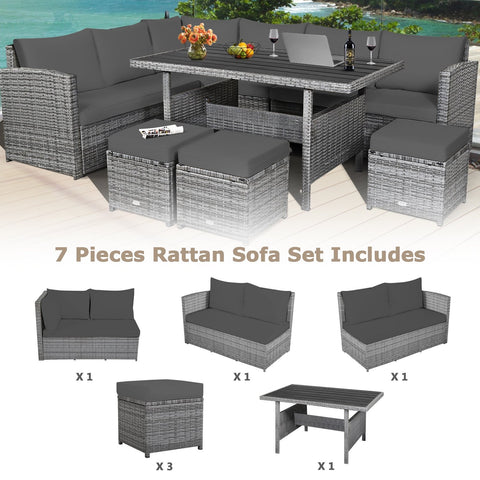 7 Pieces Patio Rattan Dining Furniture Sectional Sofa Set with Wicker Ottoman-Gray