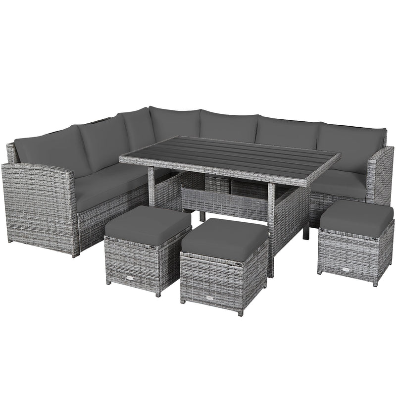 7 Pieces Patio Rattan Dining Furniture Sectional Sofa Set with Wicker Ottoman-Gray