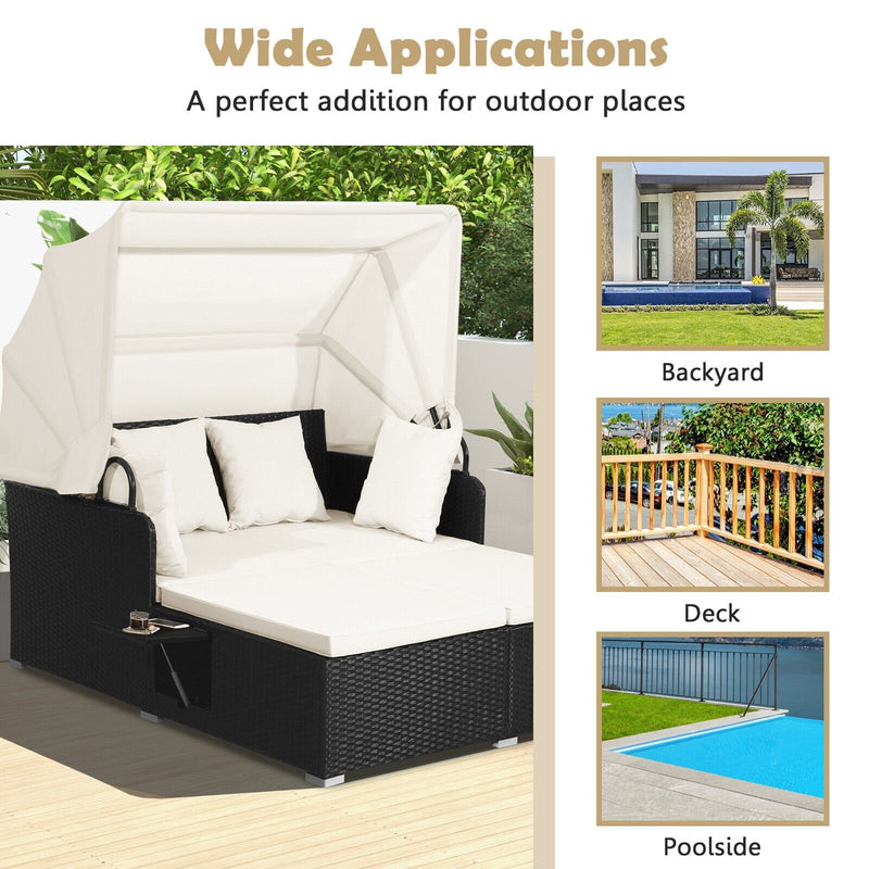 Patio Rattan Daybed with Retractable Canopy and Side Tables