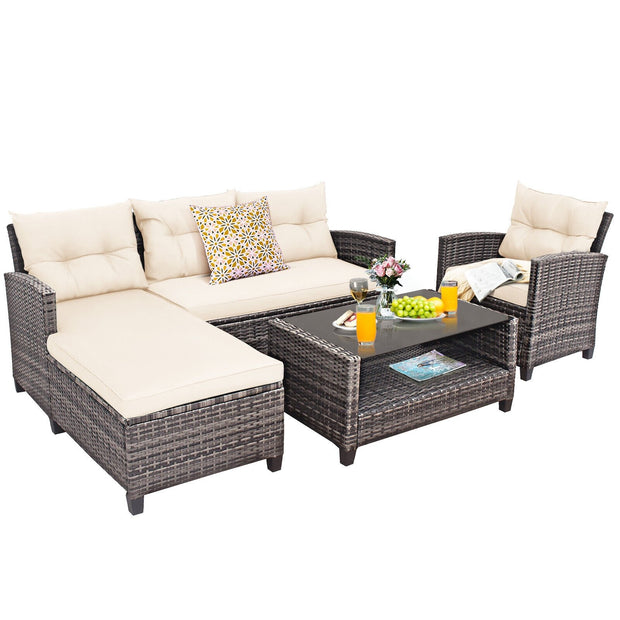 4 Pieces Patio Rattan Furniture Set with Cushion and Table Shelf-Off White