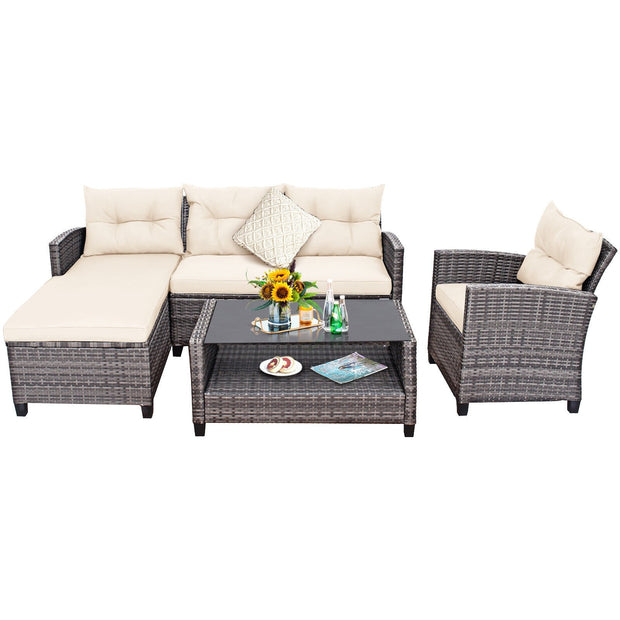 4 Pieces Patio Rattan Furniture Set with Cushion and Table Shelf-Off White