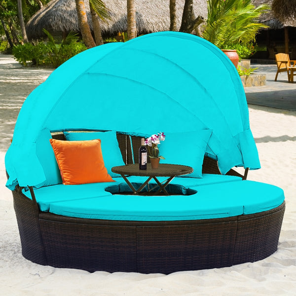 Patio Round Rattan Daybed with Retractable Canopy and Height Adjustable Coffee Table-Turquoise