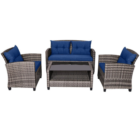 4 Pieces Patio Rattan Furniture Set Coffee Table Cushioned Sofa-Navy