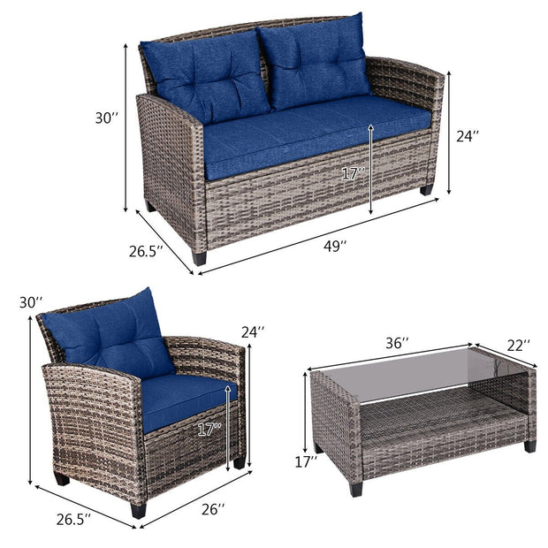 4 Pieces Patio Rattan Furniture Set Coffee Table Cushioned Sofa-Navy