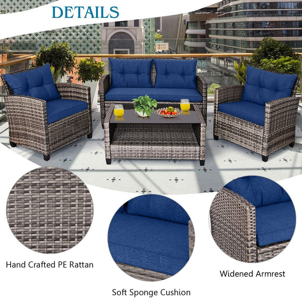 4 Pieces Patio Rattan Furniture Set Coffee Table Cushioned Sofa-Navy