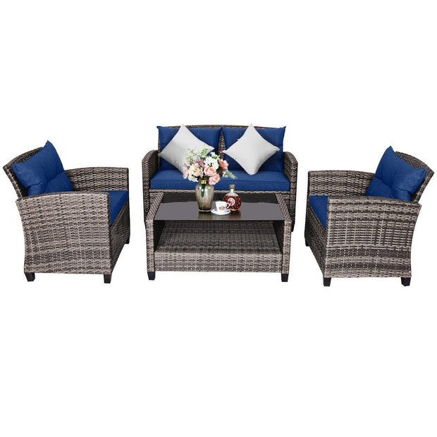 4 Pieces Patio Rattan Furniture Set Coffee Table Cushioned Sofa-Navy