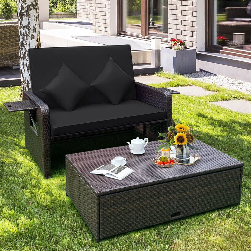 Patio Rattan Daybed with 4-Level Adjustable Backrest and Retractable Side Tray-Black