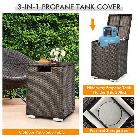 32 Inch x 20 Inch Propane Rattan Fire Pit Table Set with Side Table Tank and Cover-Brown