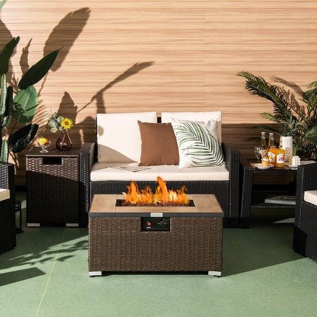 32 Inch x 20 Inch Propane Rattan Fire Pit Table Set with Side Table Tank and Cover-Brown