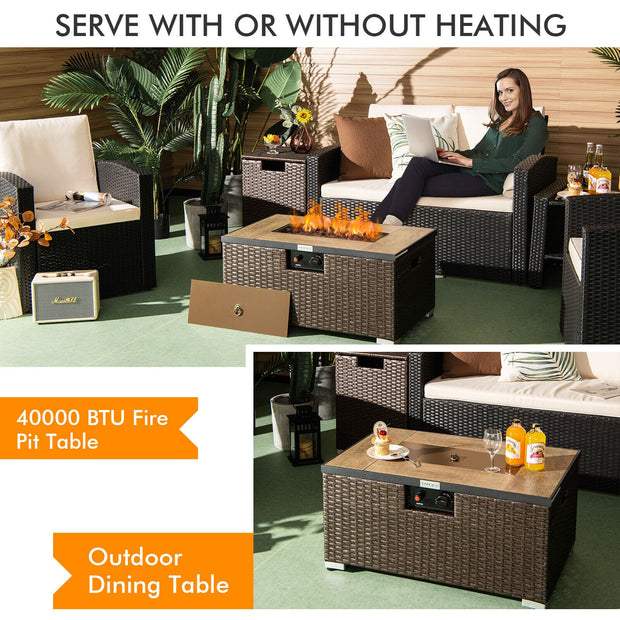 32 Inch x 20 Inch Propane Rattan Fire Pit Table Set with Side Table Tank and Cover-Brown