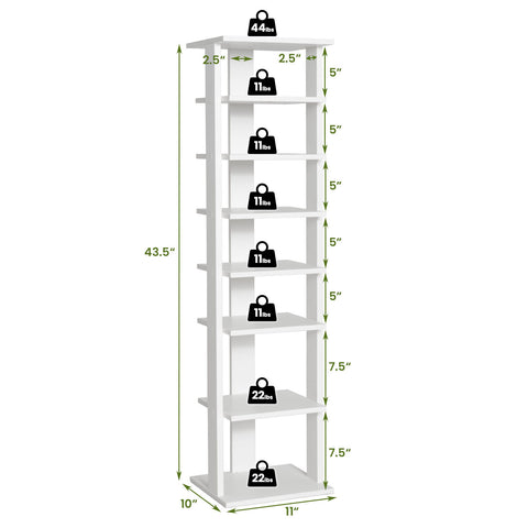 7-Tier Wooden Shoe Rack Narrow Vertical Shoe Stand Storage Display Shelf-White