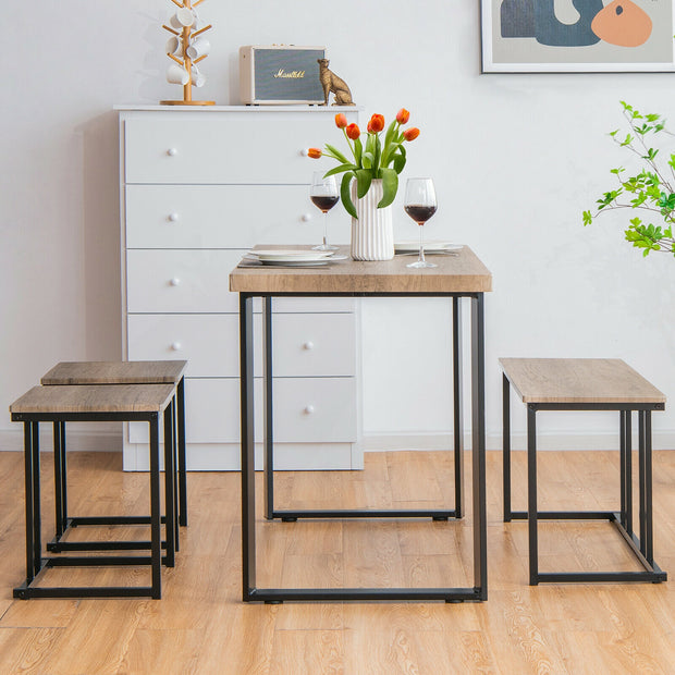 4 Pieces Industrial Dinette Set with Bench and 2 Stools-Oak