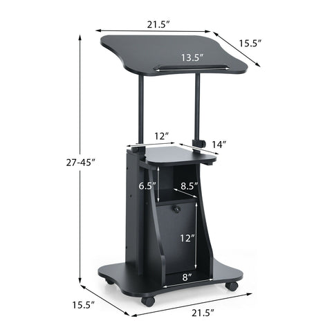 Adjustable Mobile Standing Desk Cart with Tilt Desktop and Cabinet-Black