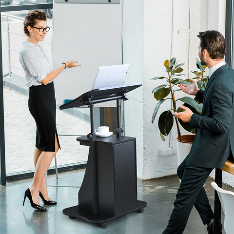 Adjustable Mobile Standing Desk Cart with Tilt Desktop and Cabinet-Black