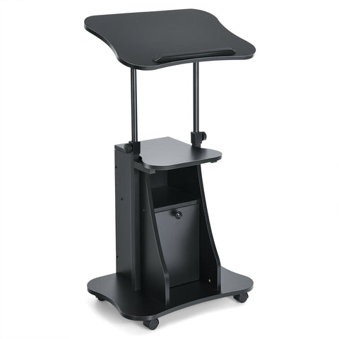 Adjustable Mobile Standing Desk Cart with Tilt Desktop and Cabinet-Black