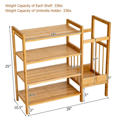 4-Tier Bamboo Shoe Rack Organiser with Umbrella Holder-Natural