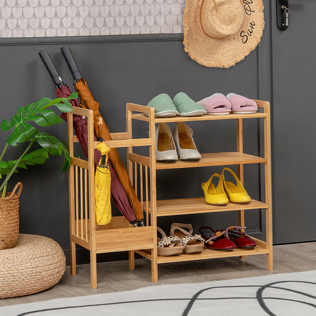 4-Tier Bamboo Shoe Rack Organiser with Umbrella Holder-Natural