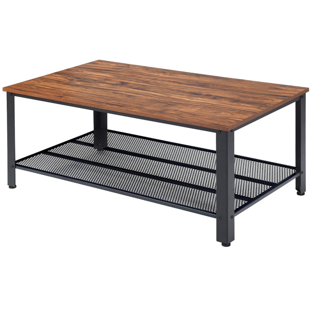 Metal Frame Wood Coffee Table Console Table with Storage Shelf-Brown