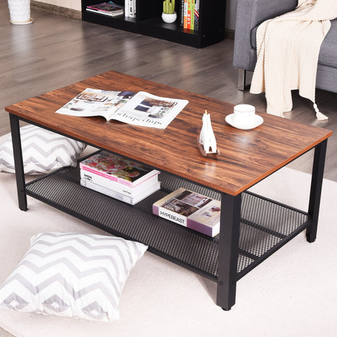 Metal Frame Wood Coffee Table Console Table with Storage Shelf-Brown